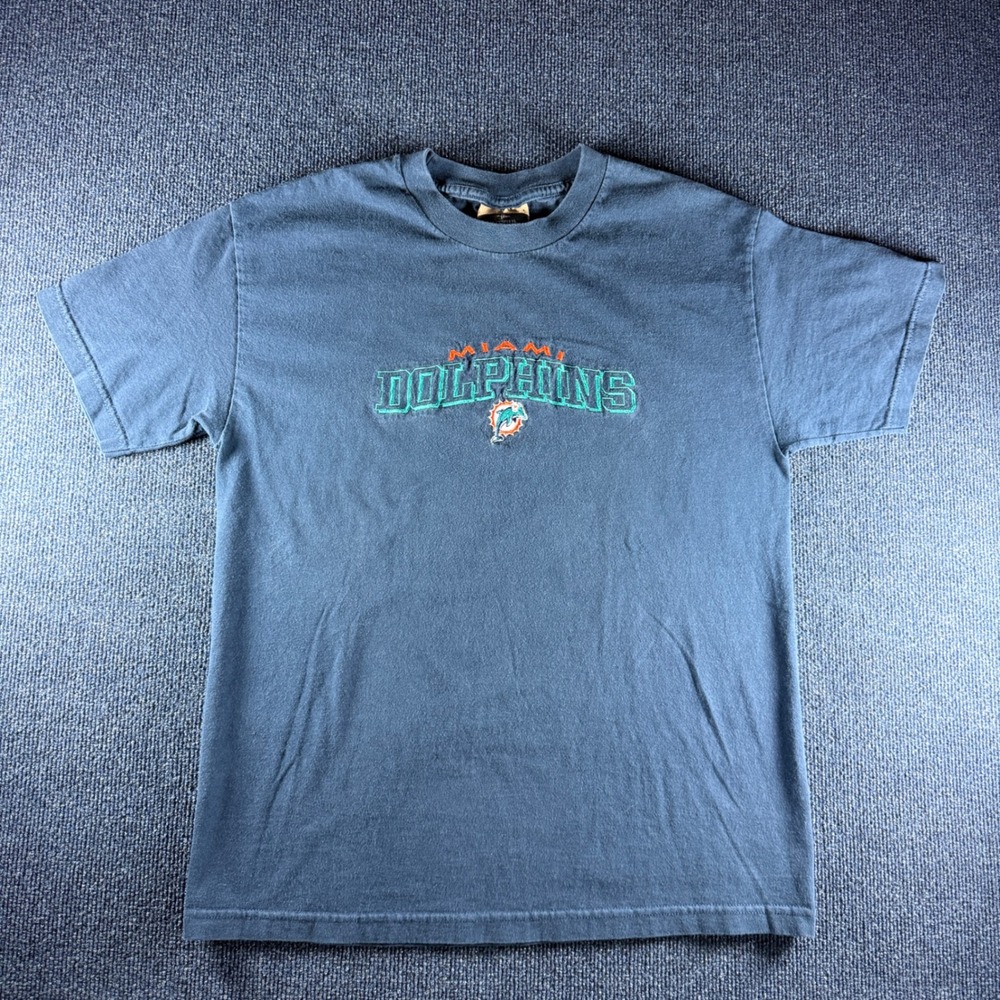 Vintage Antigua Miami Dolphins Embroidered T-Shirt Navy Blue Mens Large NFL L